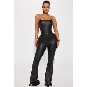 New Fashion Nova Must BeThe Money Faux Leather Corset Flare JumpsuitBlack Small